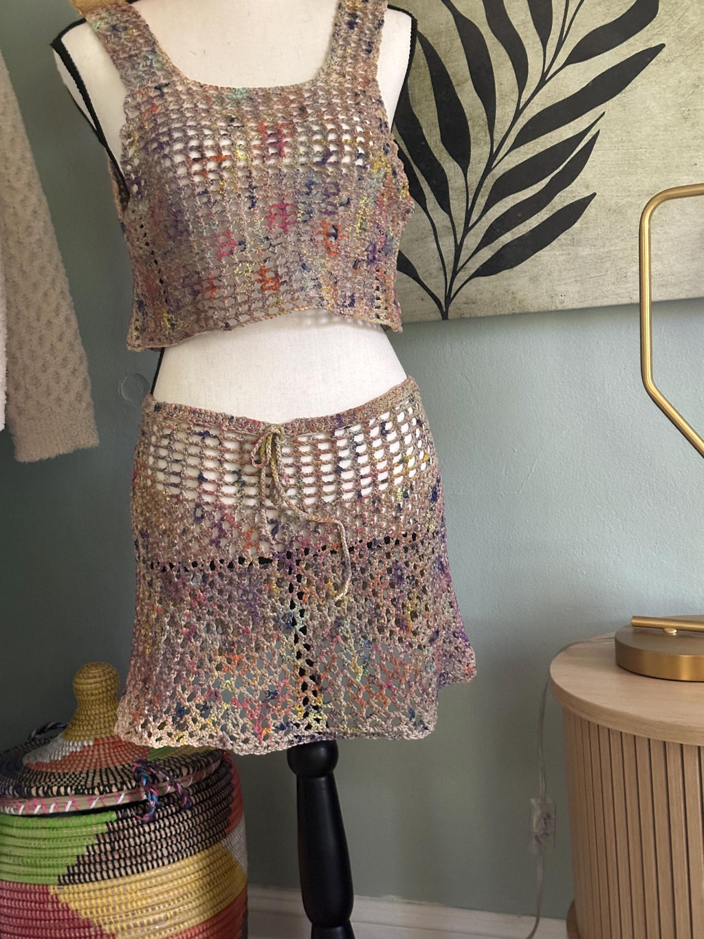 Hand crocheted/hand painted Mesh Mini Skirt and Crop Tank