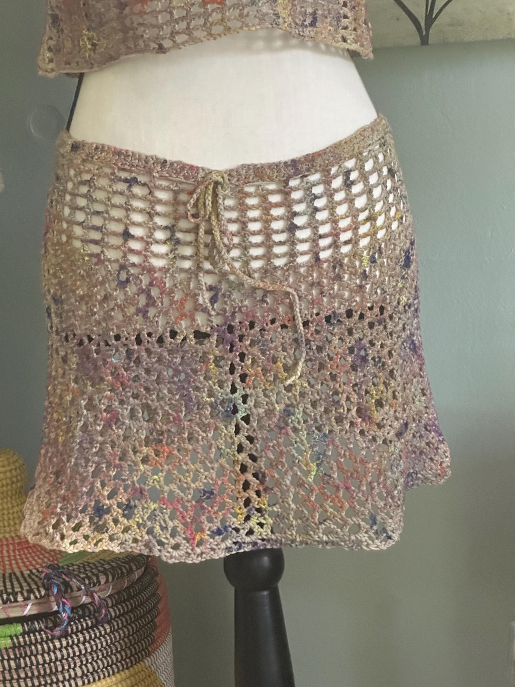 Hand crocheted/hand painted Mesh Mini Skirt and Crop Tank
