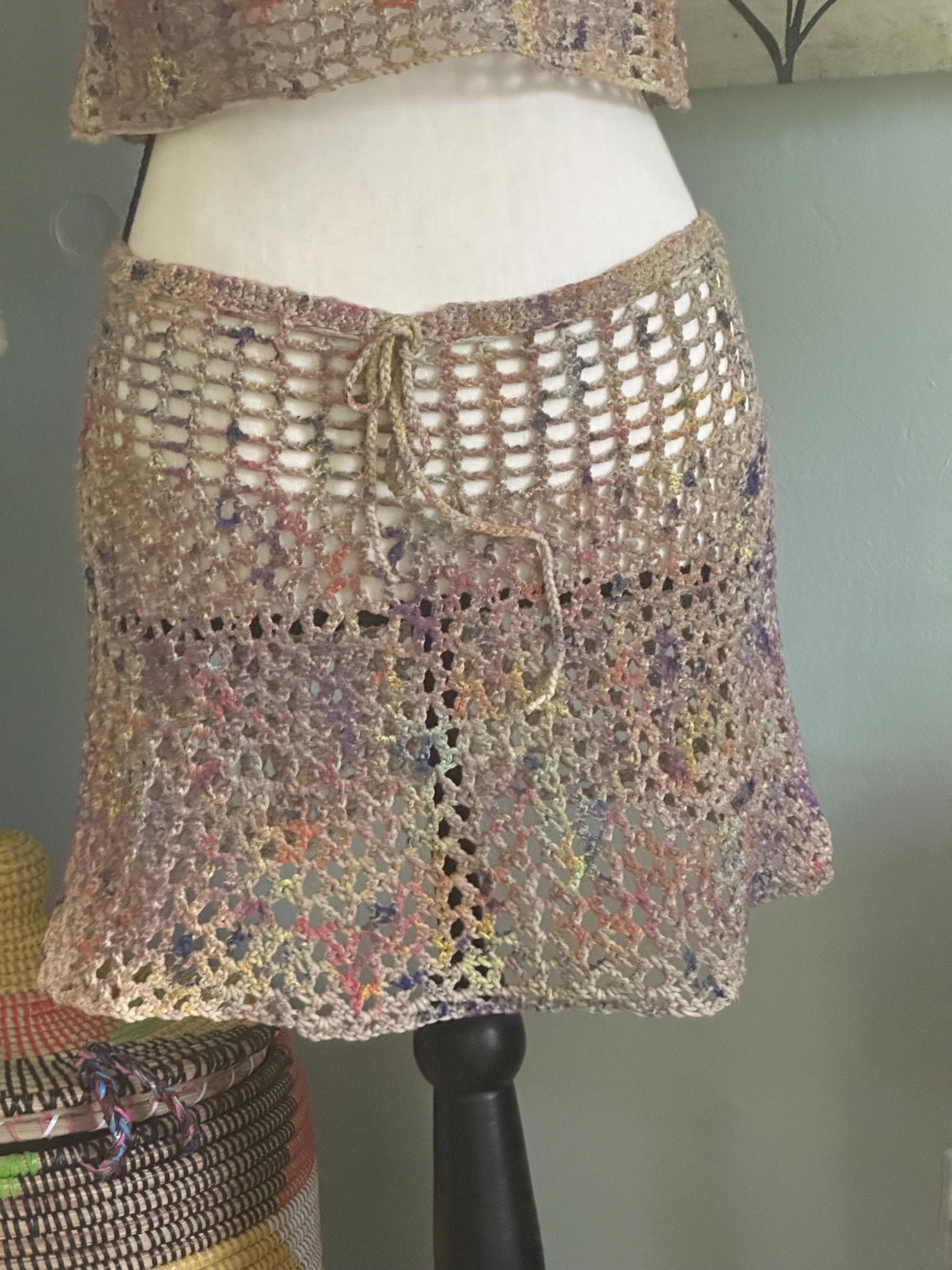 Hand crocheted/hand painted Mesh Mini Skirt and Crop Tank