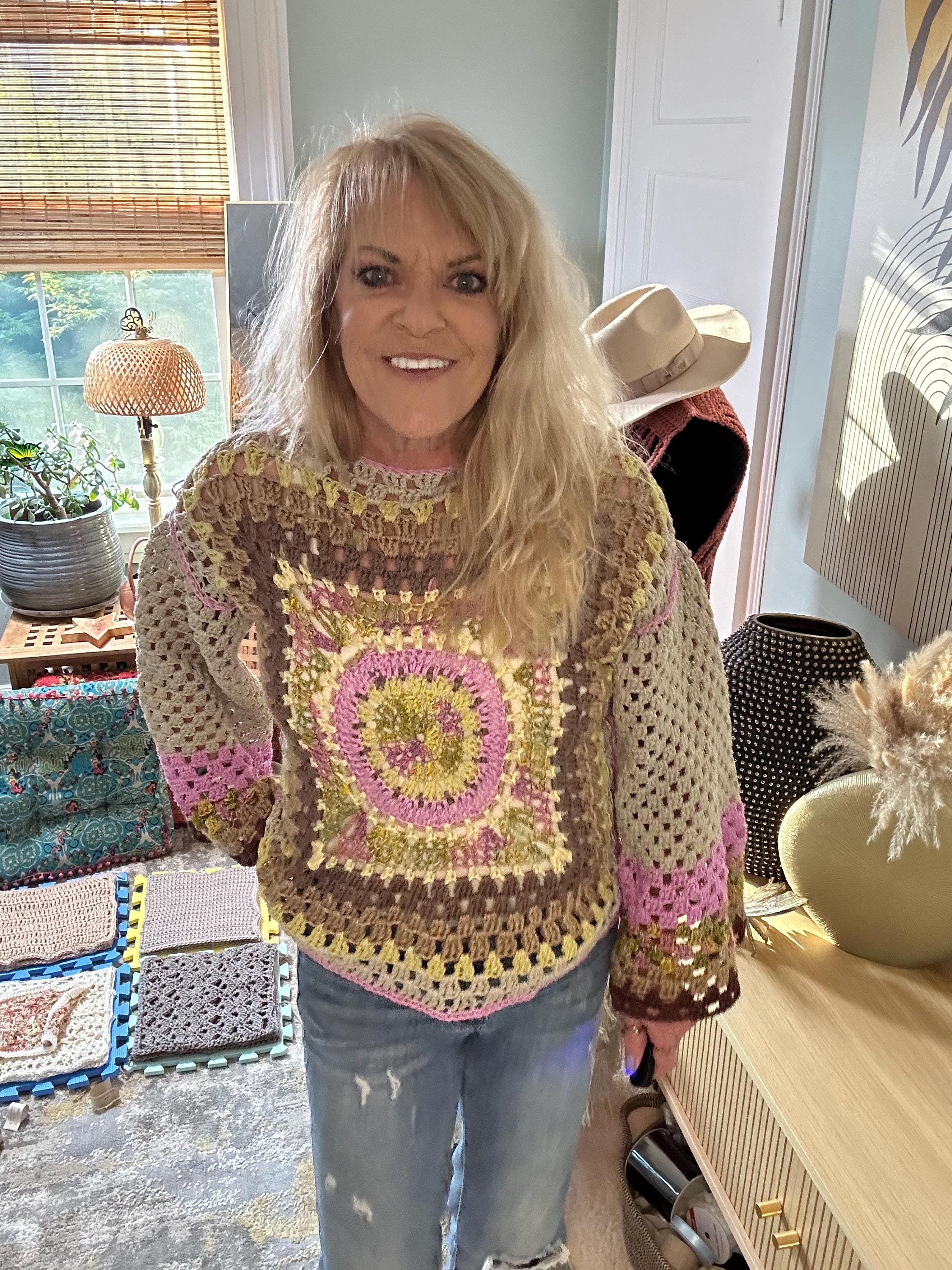 The Mediallion Hand Crocheted Sweater with vibrant color variations. Size S/M. Granny square on bavk