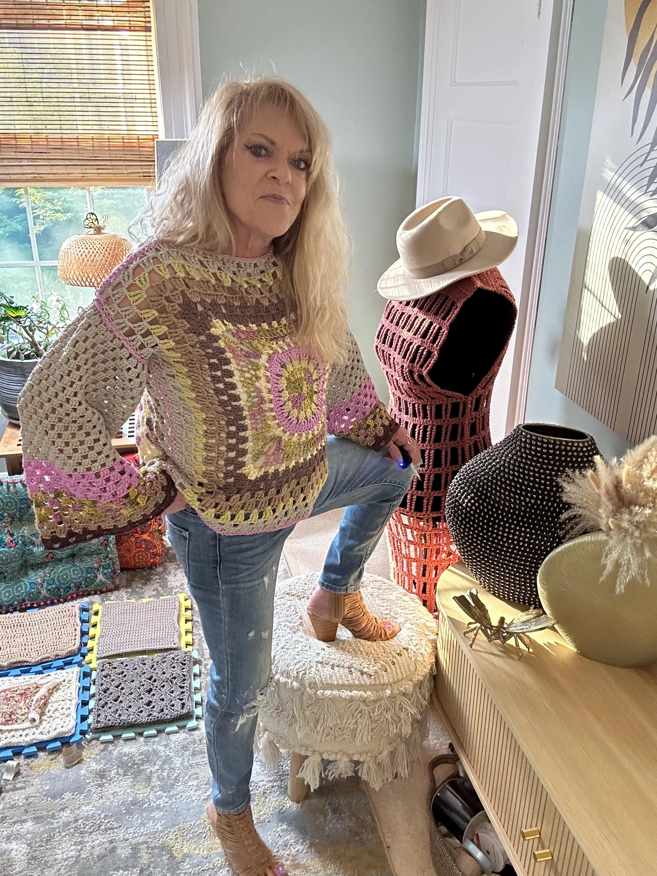 The Mediallion Hand Crocheted Sweater with vibrant color variations. Size S/M. Granny square on bavk