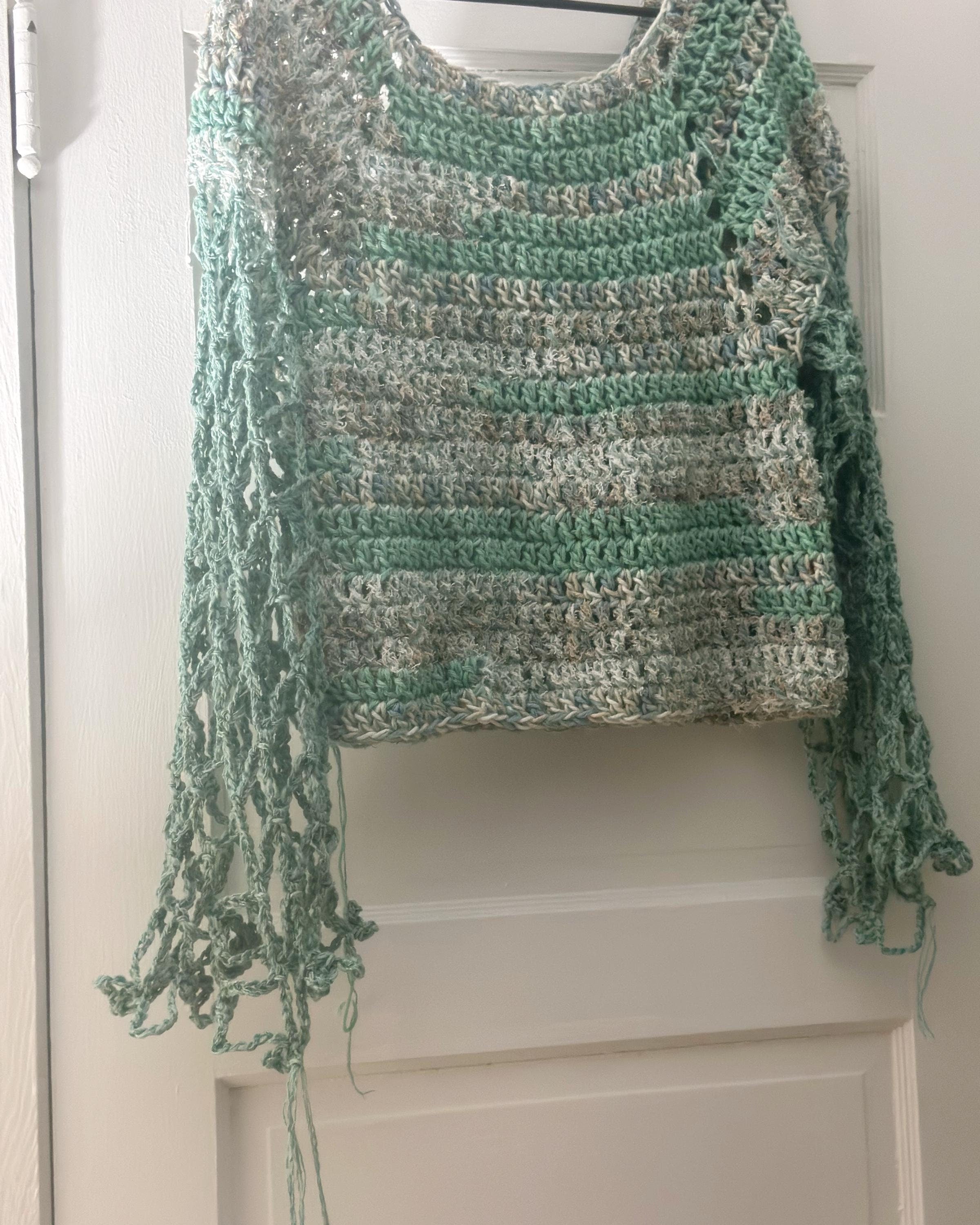 Hand crocheted Scrubby sweater with Lacy Sleeves