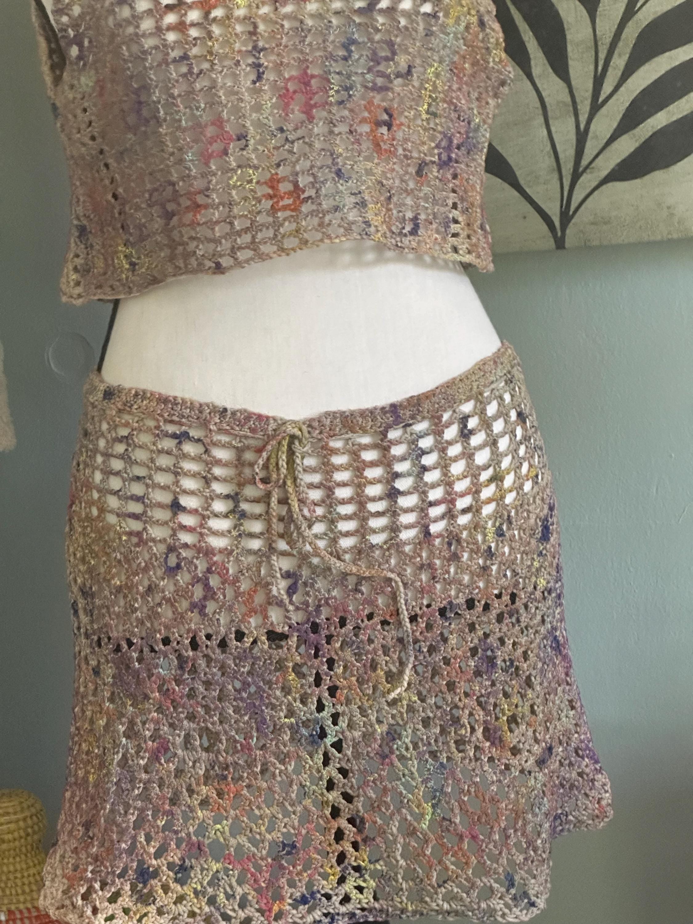 Hand crocheted/hand painted Mesh Mini Skirt and Crop Tank