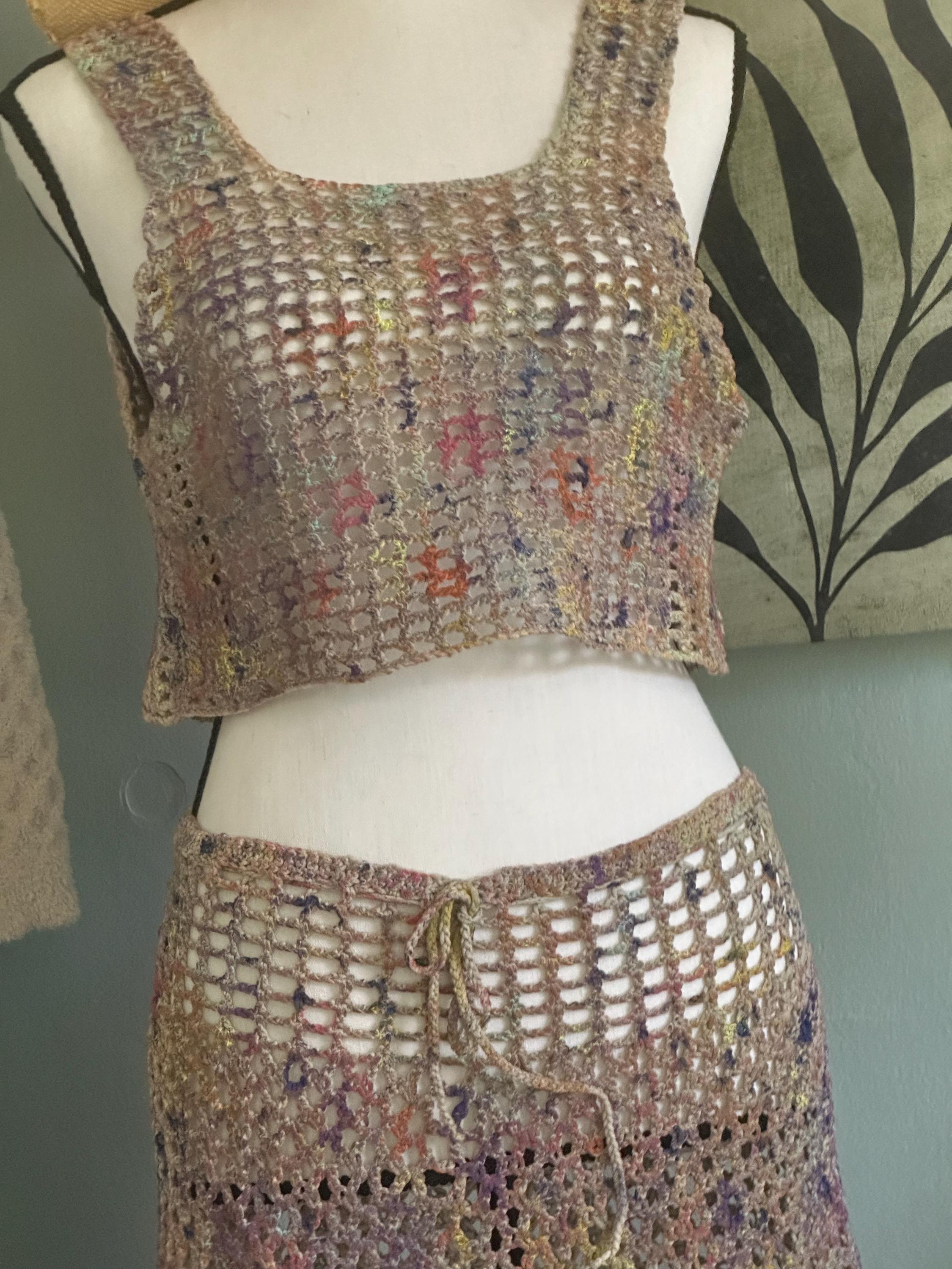 Hand crocheted/hand painted Mesh Mini Skirt and Crop Tank