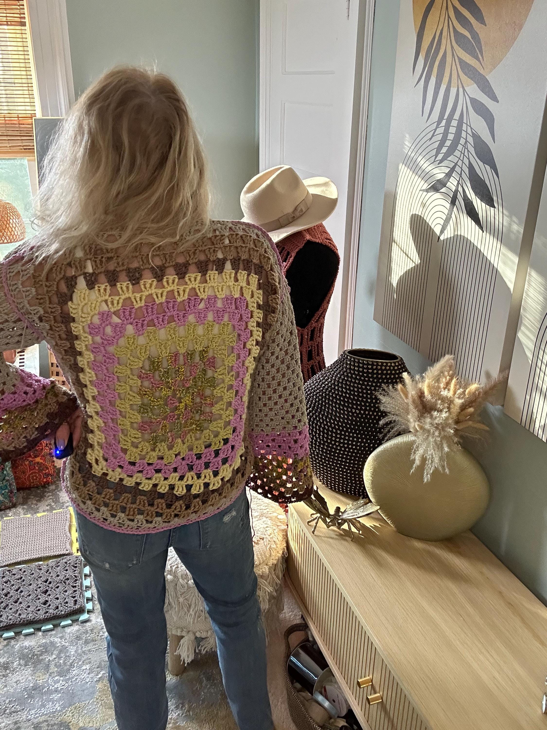 The Mediallion Hand Crocheted Sweater with vibrant color variations. Size S/M. Granny square on bavk