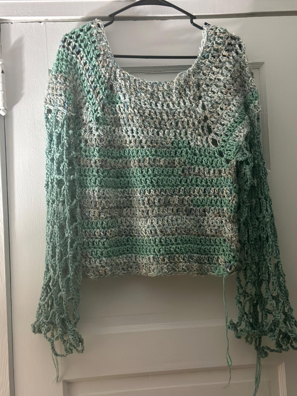 Hand crocheted Scrubby sweater with Lacy Sleeves