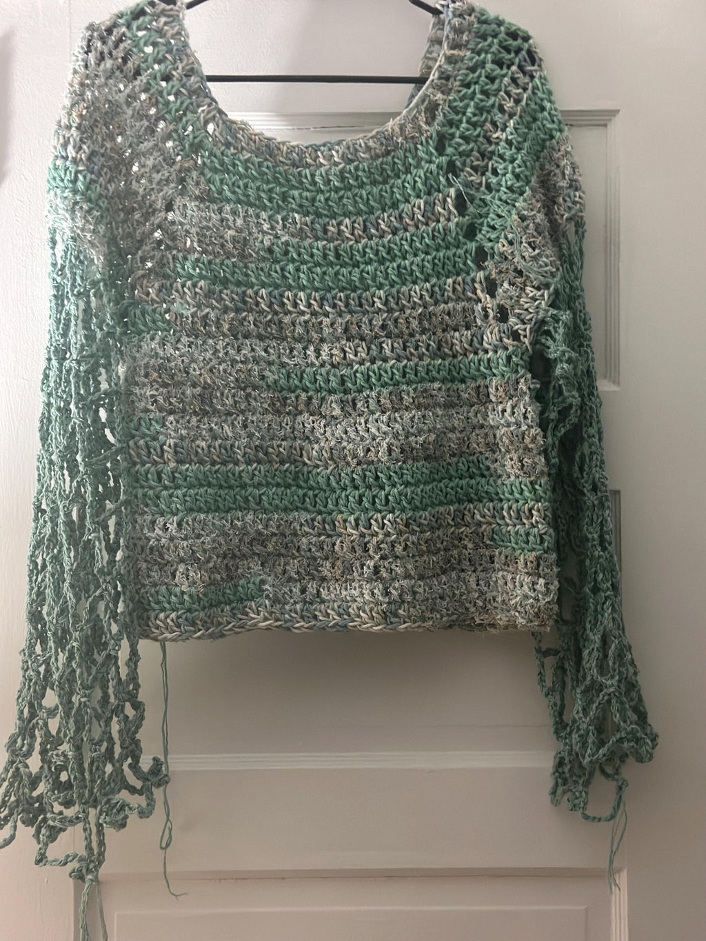 Hand crocheted Scrubby sweater with Lacy Sleeves