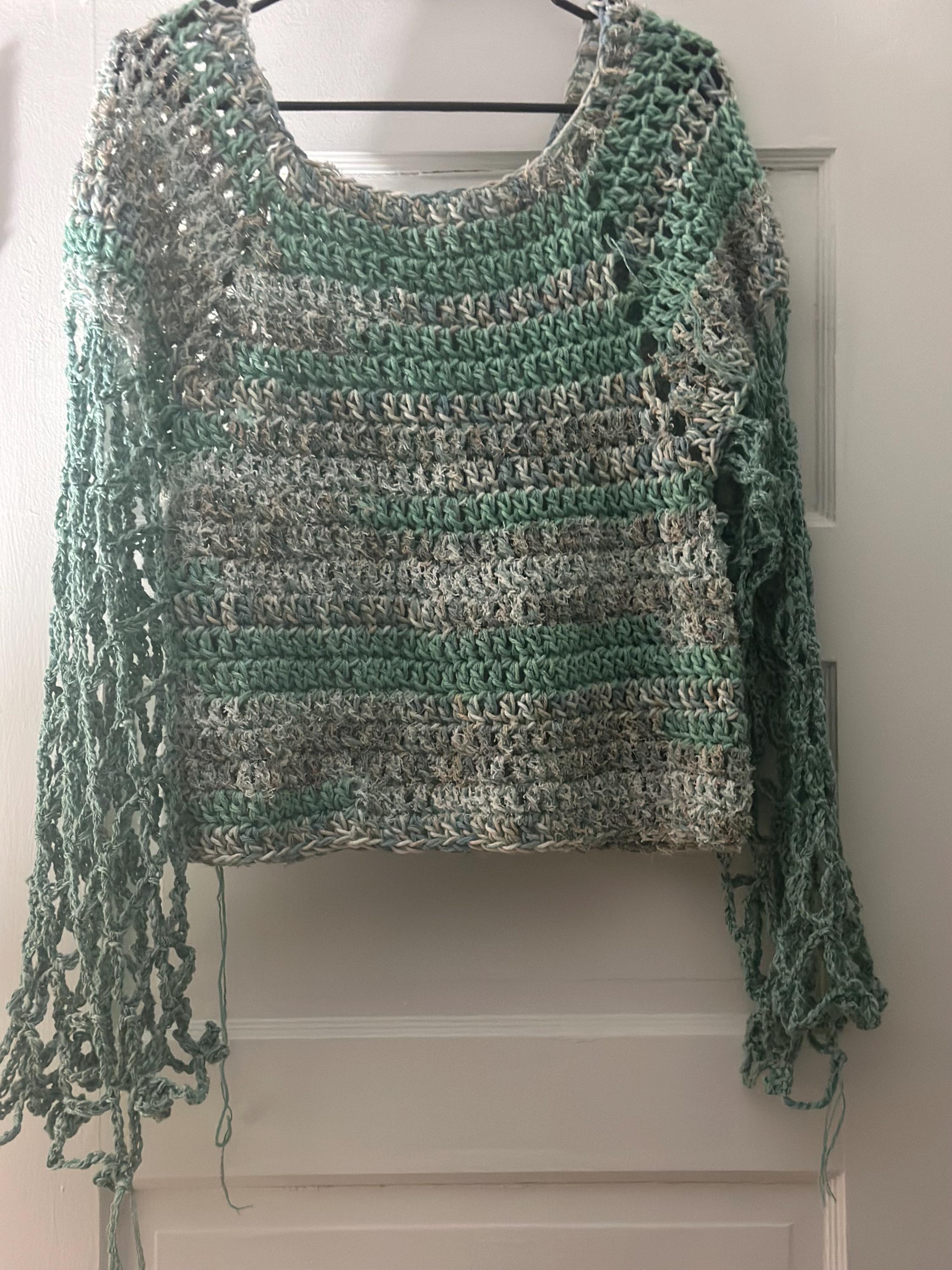Hand crocheted Scrubby sweater with Lacy Sleeves