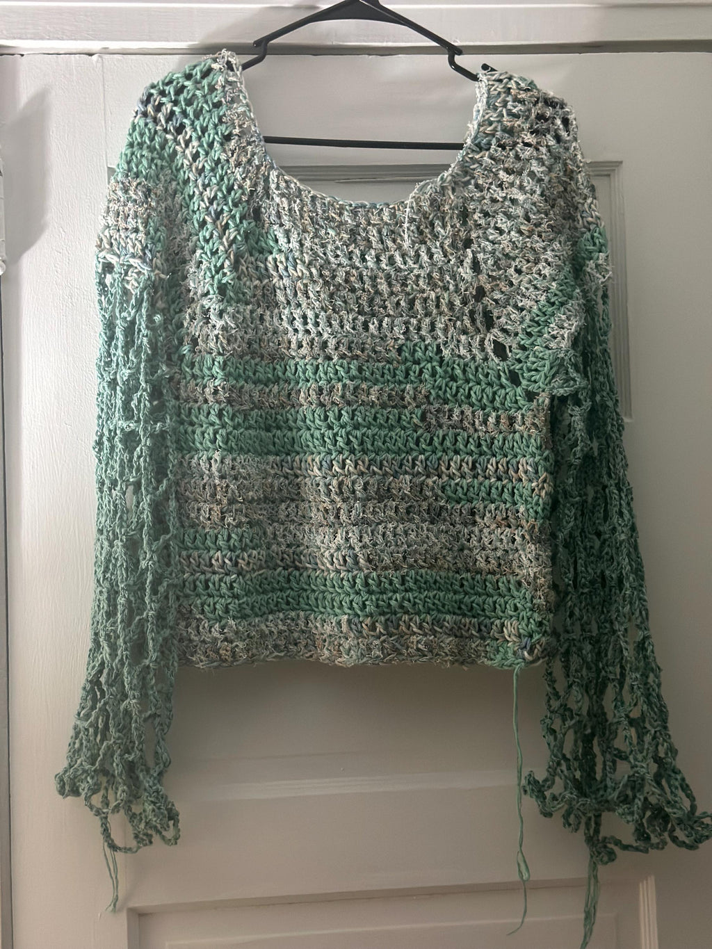 Hand crocheted Scrubby sweater with Lacy Sleeves