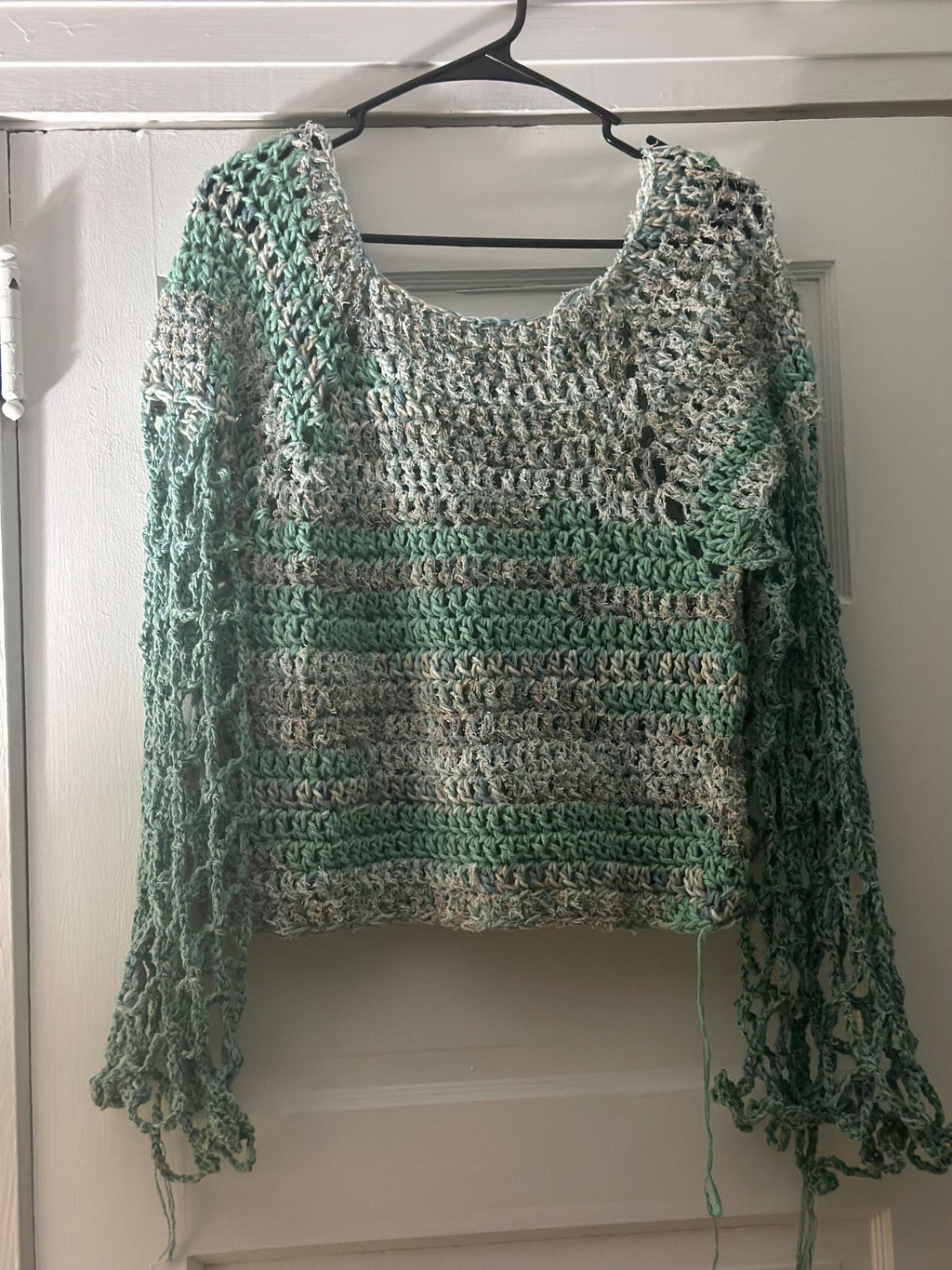 Hand crocheted Scrubby sweater with Lacy Sleeves