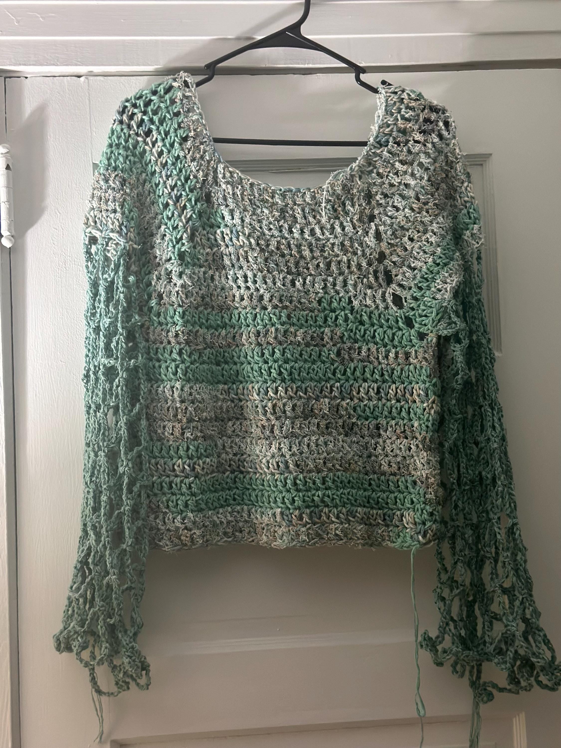 Hand crocheted Scrubby sweater with Lacy Sleeves