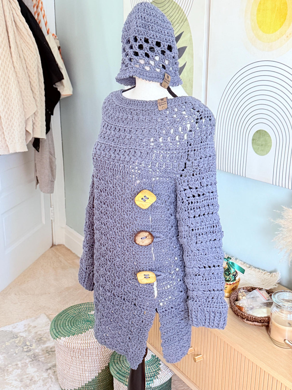 Buttons Sweater and Hat/Fingerless Gloves Set