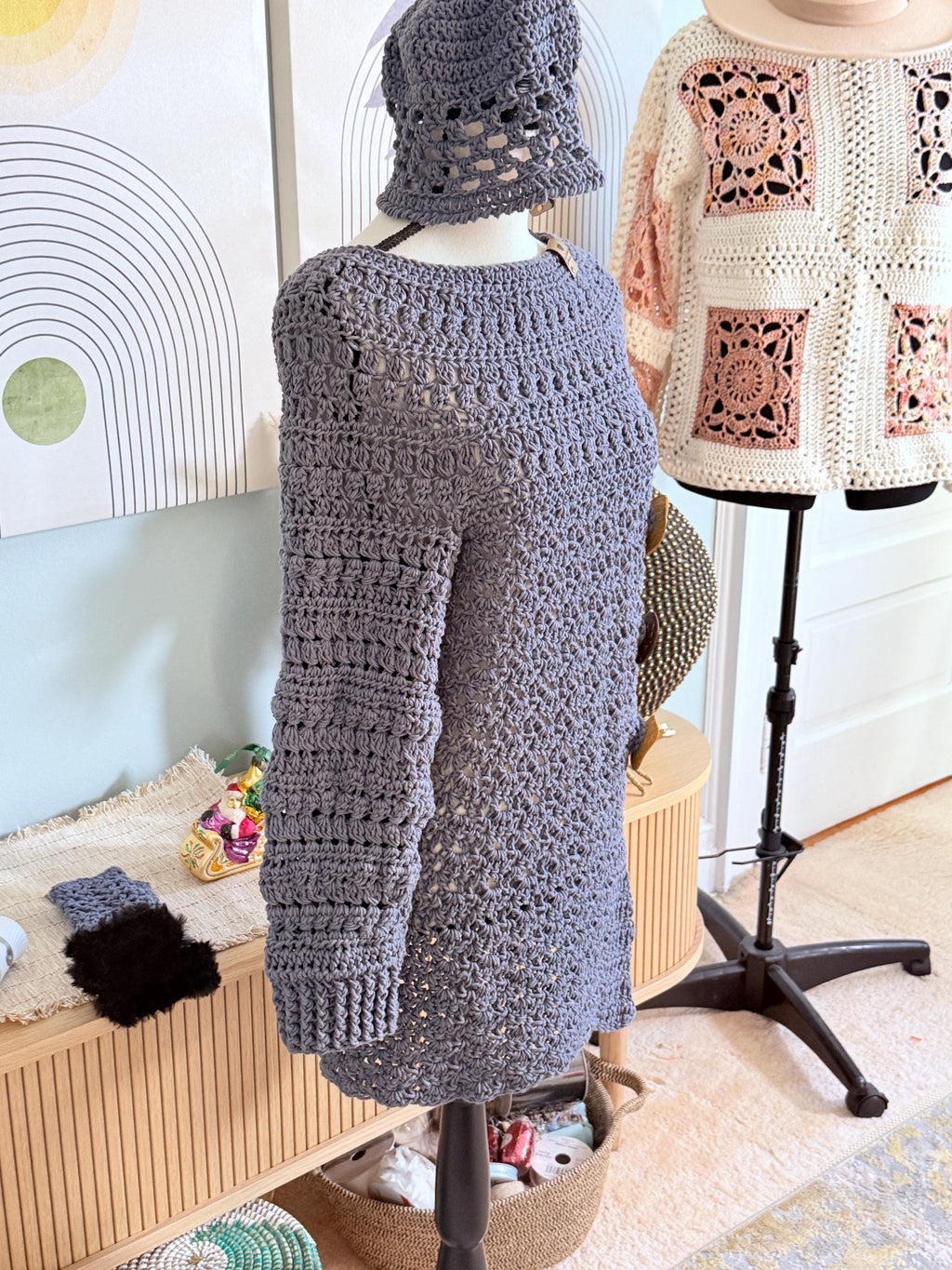 Buttons Sweater and Hat/Fingerless Gloves Set