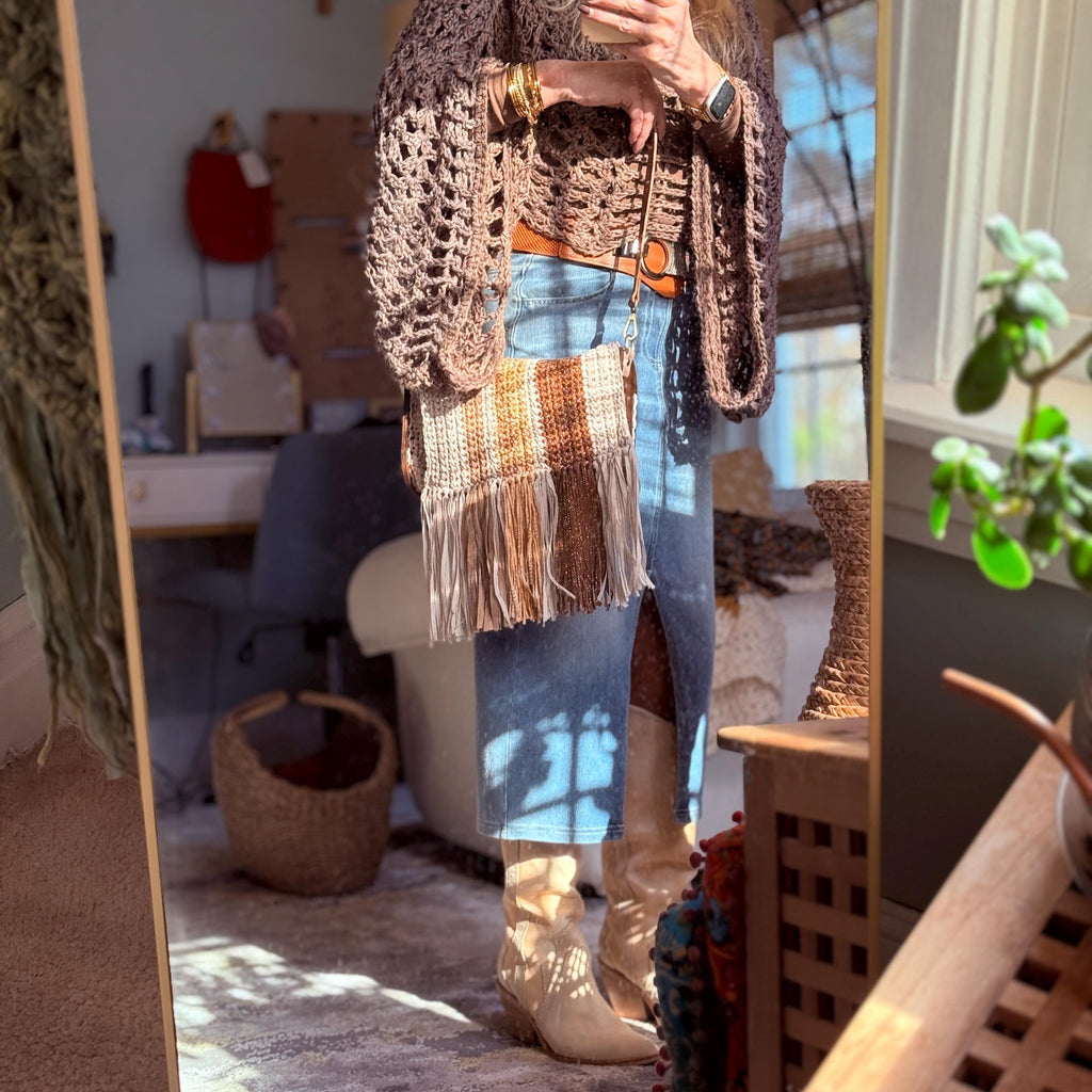 Crocheted Fringed Crossbody Bag